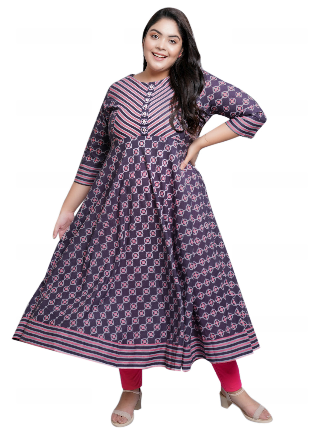 Cotton Floral Printed Anarkali Kurta (Pink)