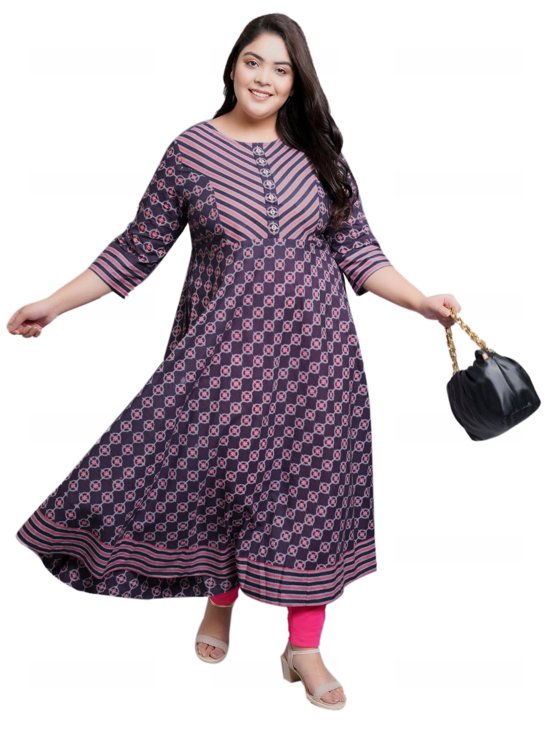Cotton Floral Printed Anarkali Kurta (Pink)