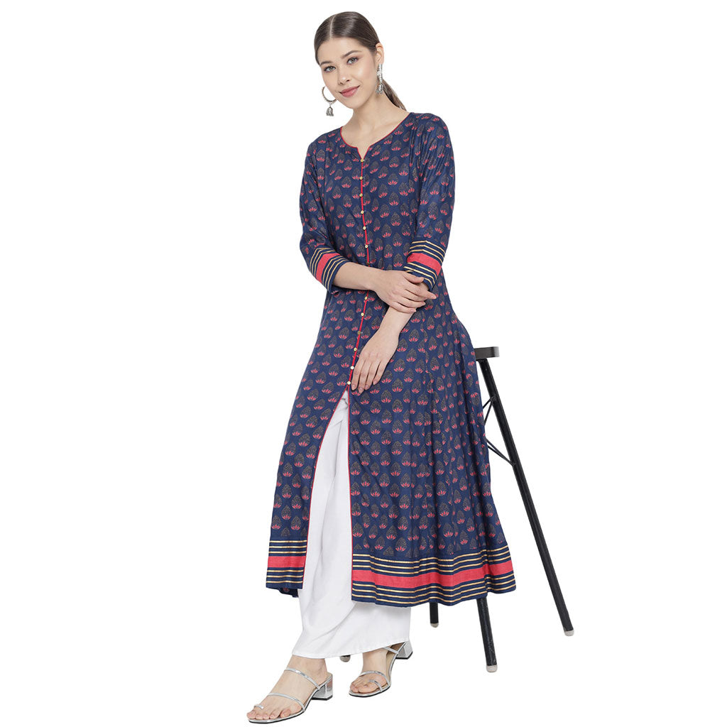 yash gallery womens floral printed anarkali kurti blue