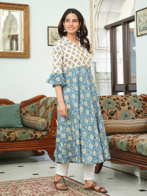 yash gallery womens viscose rayon floral anarkali kurta blue