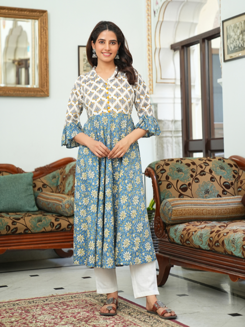 yash gallery womens viscose rayon floral anarkali kurta blue