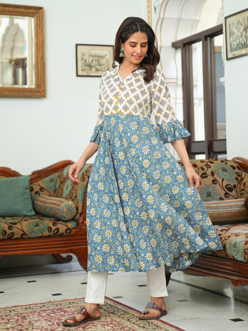 yash gallery womens viscose rayon floral anarkali kurta blue