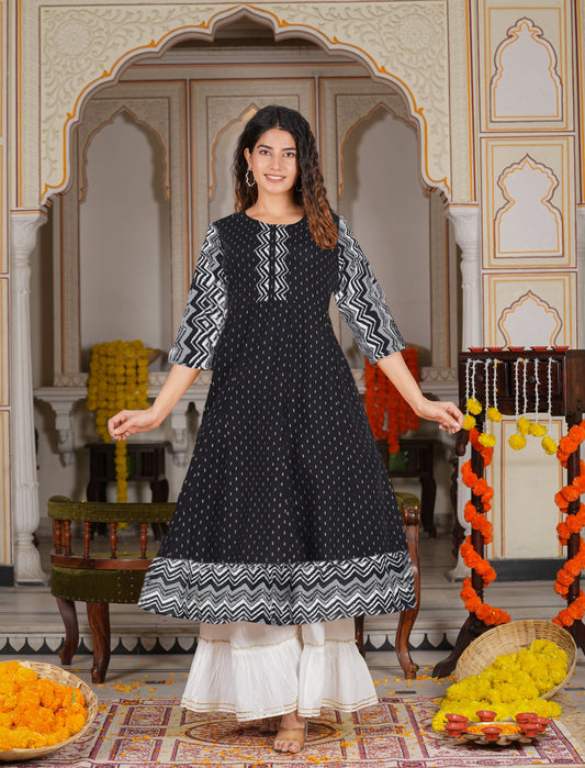 yash gallery womens rayon gold geomatrical printed anarkali kurti black