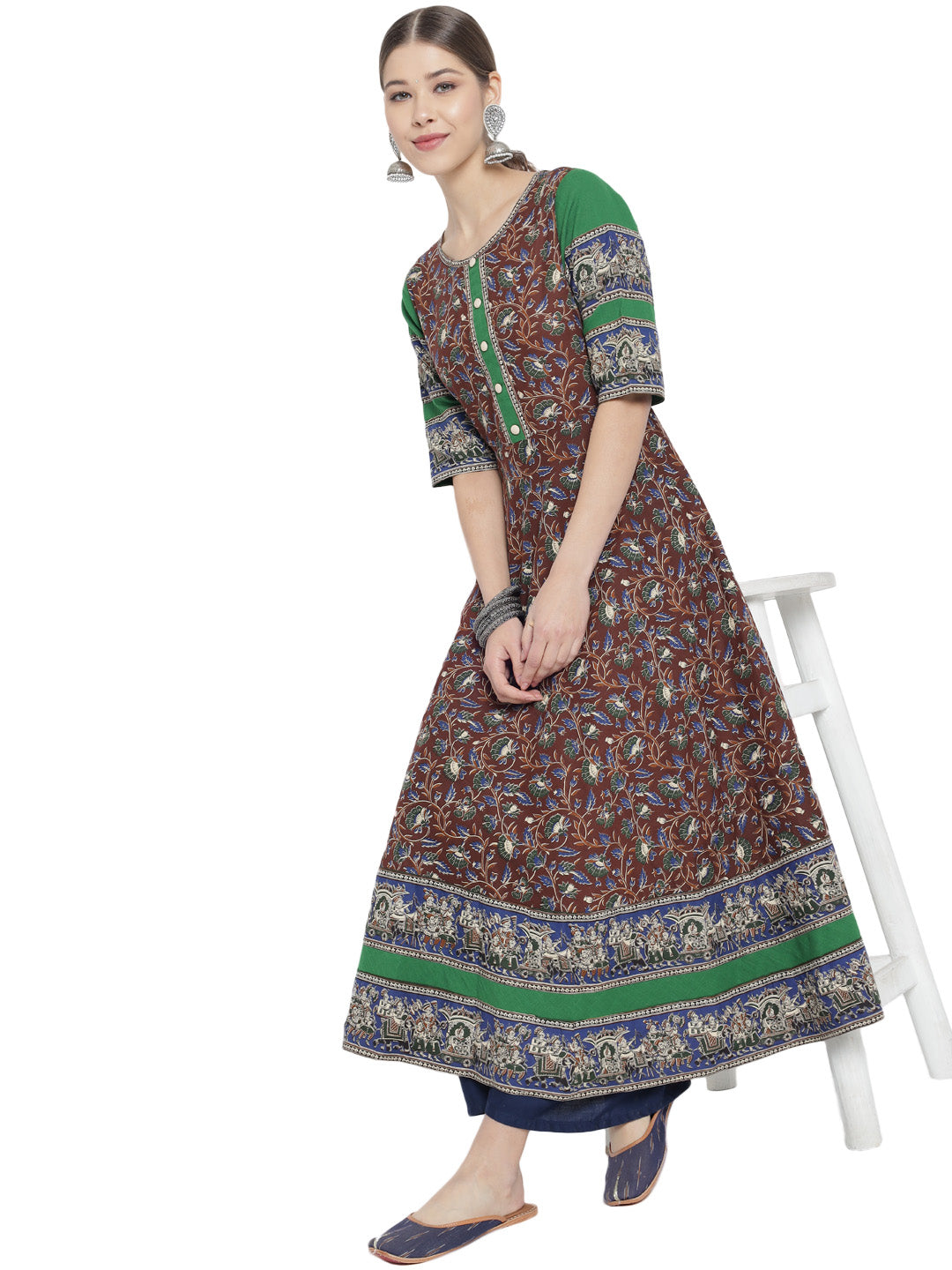women cotton floral printed anarkali kurta black