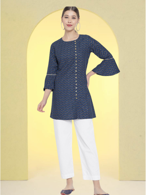 yash gallery womens zig zag printed short kurti blue
