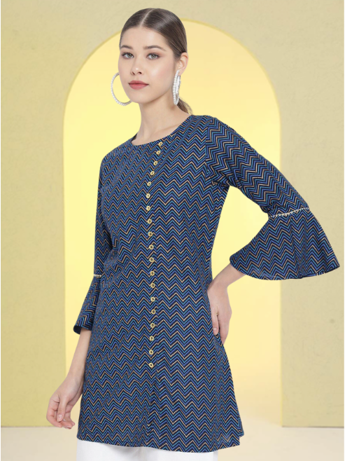 yash gallery womens zig zag printed short kurti blue