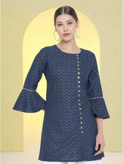 yash gallery womens zig zag printed short kurti blue