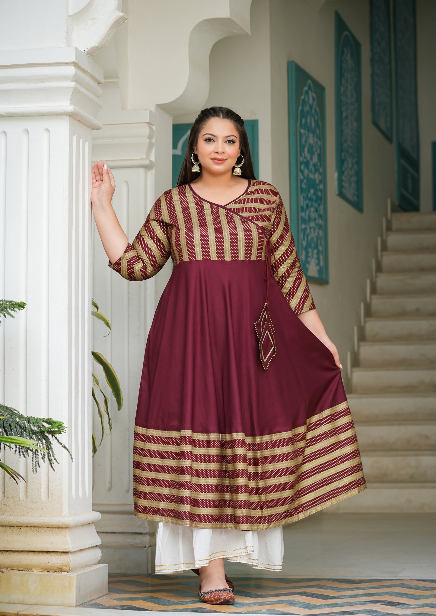 YASH GALLERY Women's Rayon Stripe Printed Anarkali Kurti