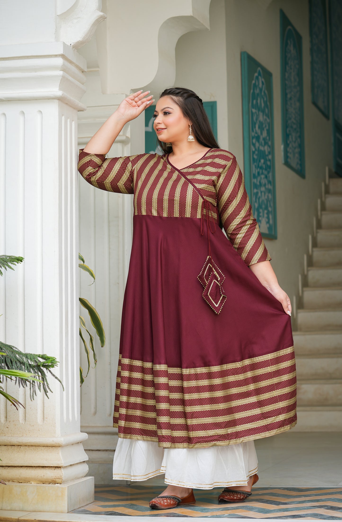 YASH GALLERY Women's Rayon Stripe Printed Anarkali Kurti