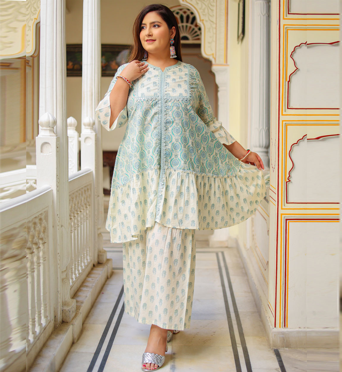 yash gallery womens floral printed kurta with sharara and dupattagrey