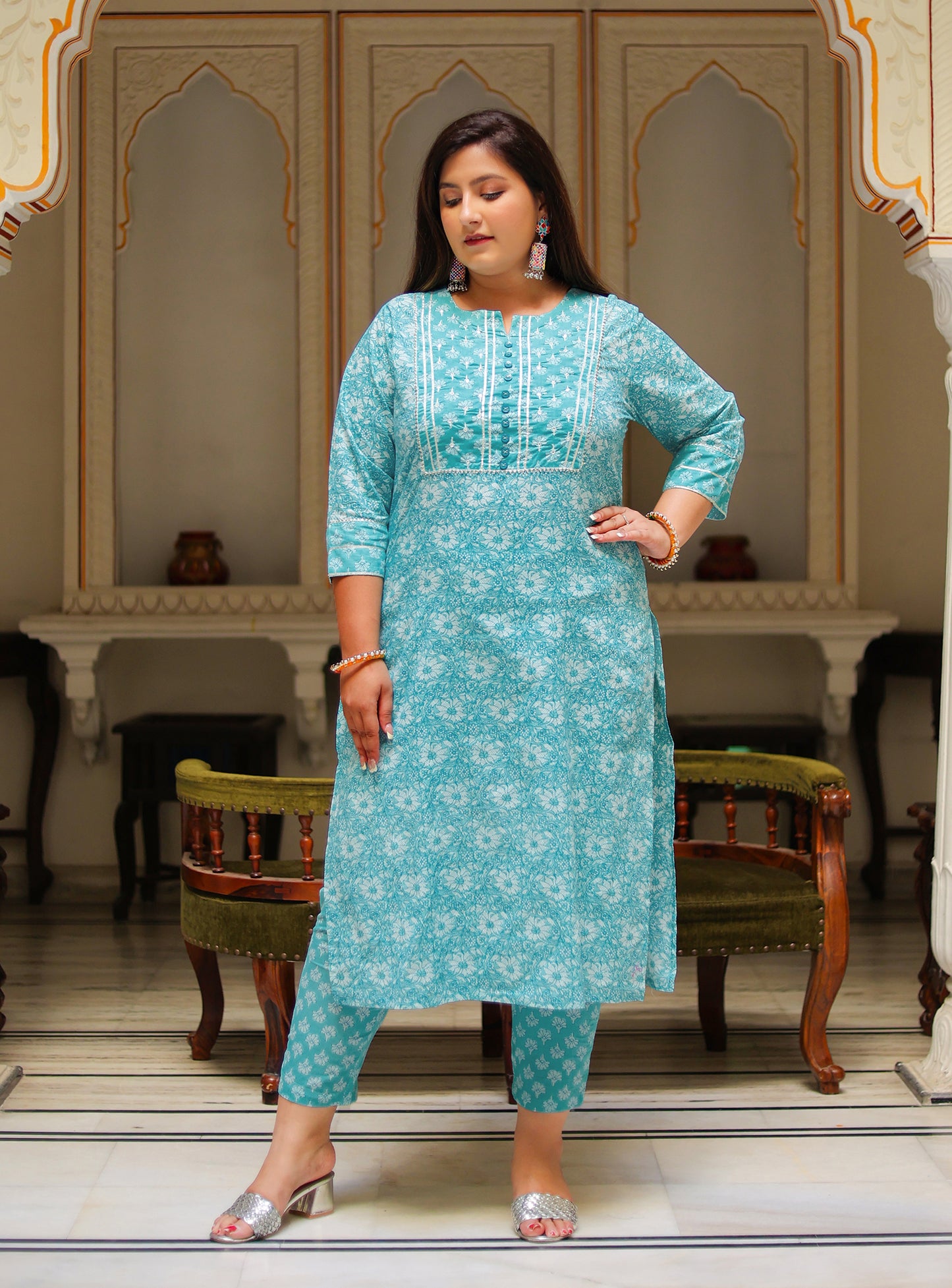 Yash Gallery Women's Floral Printed Kurta with Pant and Dupatta (Sky Blue)