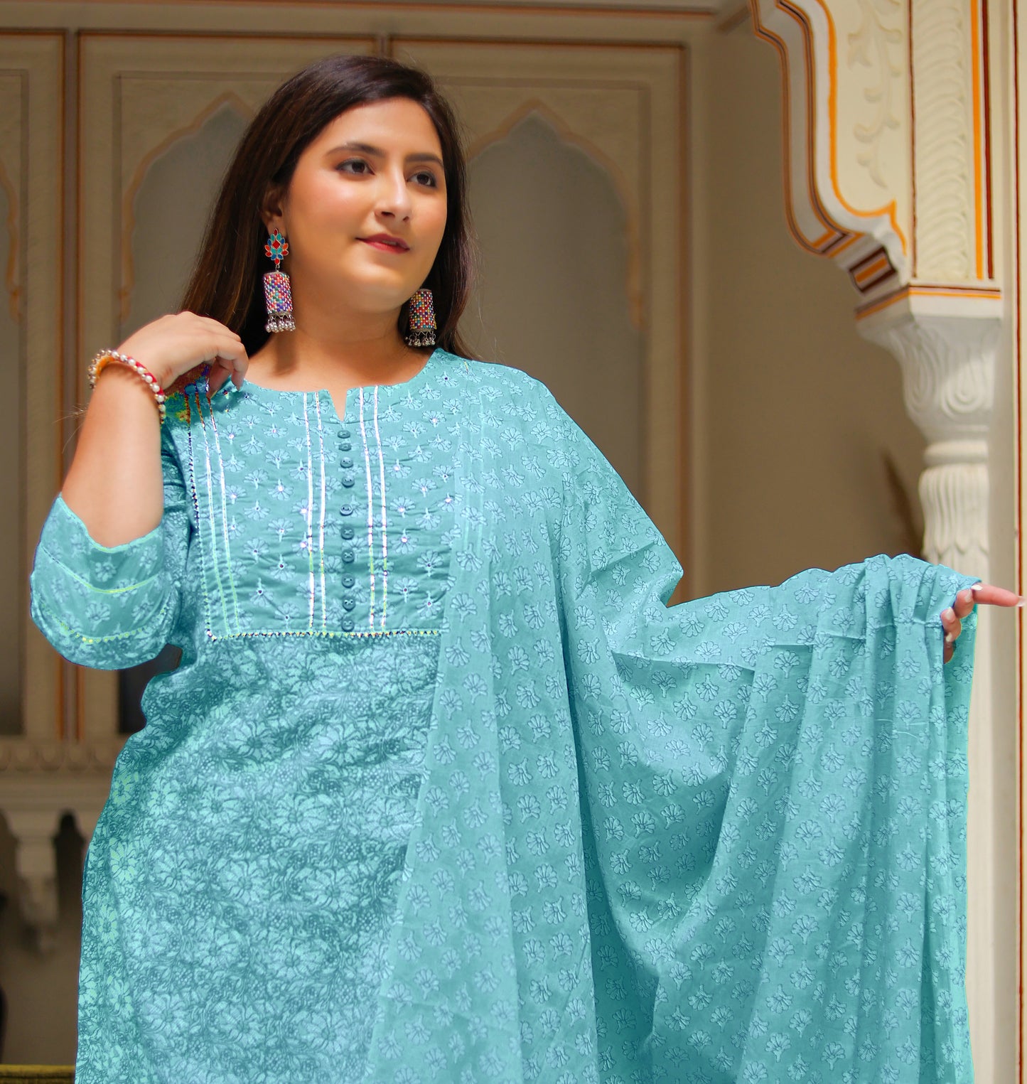 Yash Gallery Women's Floral Printed Kurta with Pant and Dupatta (Sky Blue)