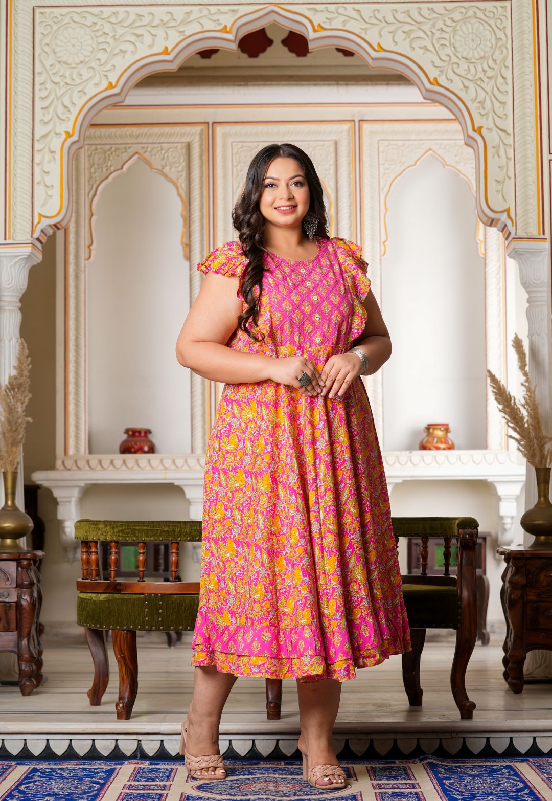 womens floral printed embroidered anarkali kurti pink