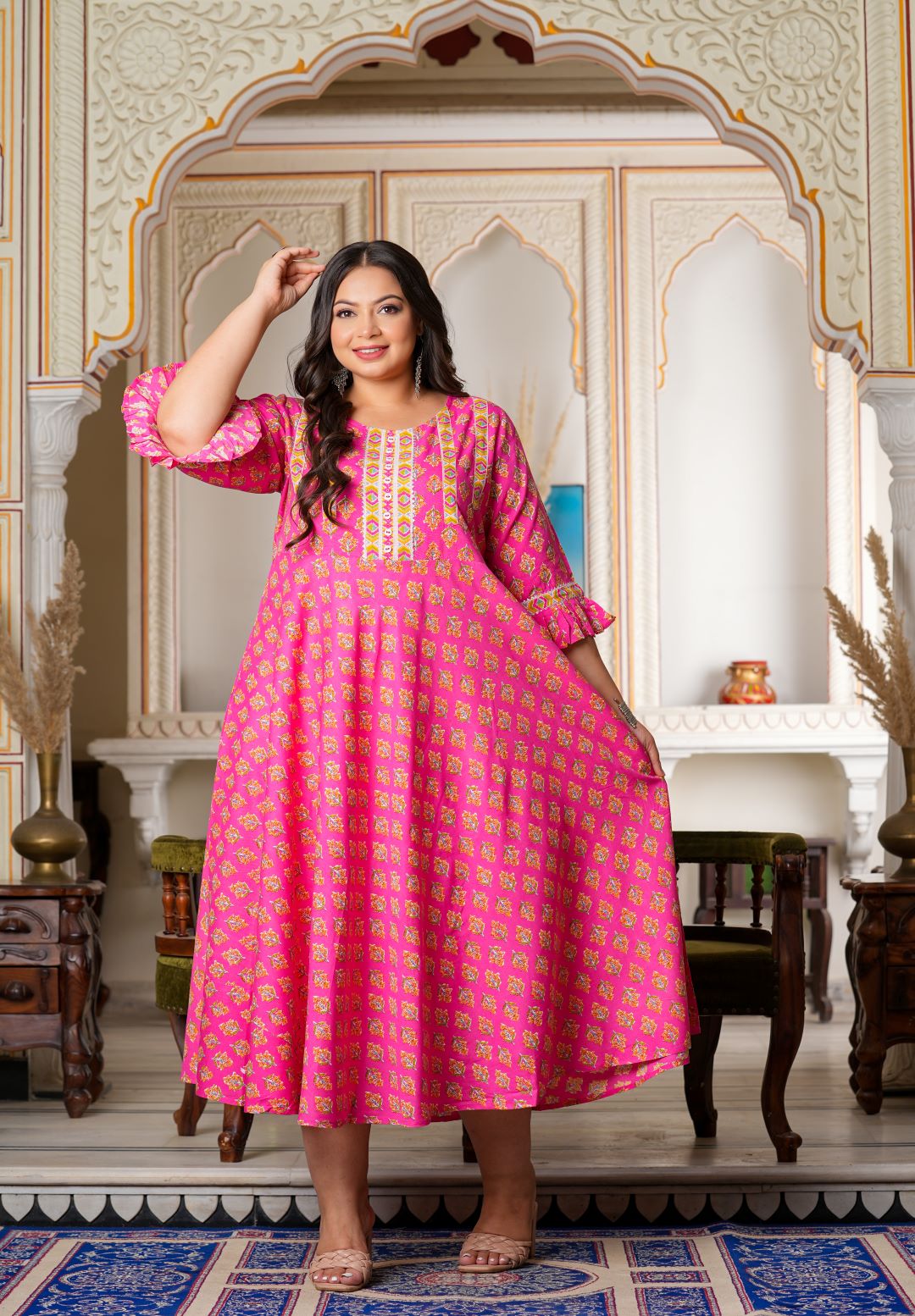 womens floral printed anarkali kurti pink
