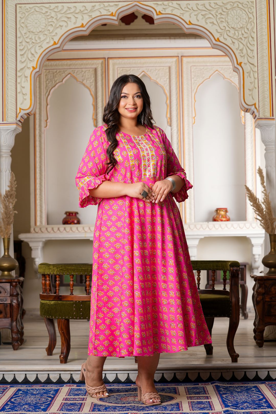 womens floral printed anarkali kurti pink