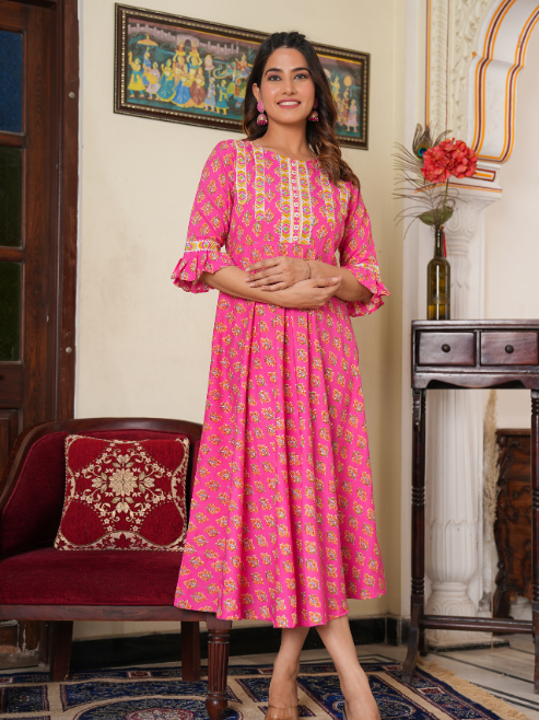 yash gallery womens floral printed anarkali kurti pink