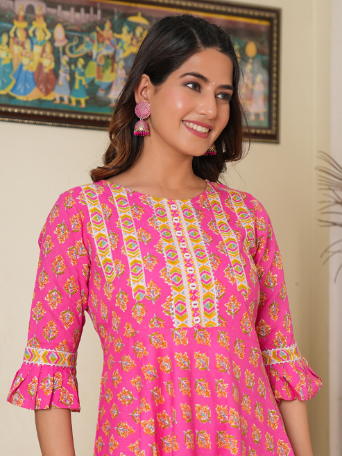 yash gallery womens floral printed anarkali kurti pink