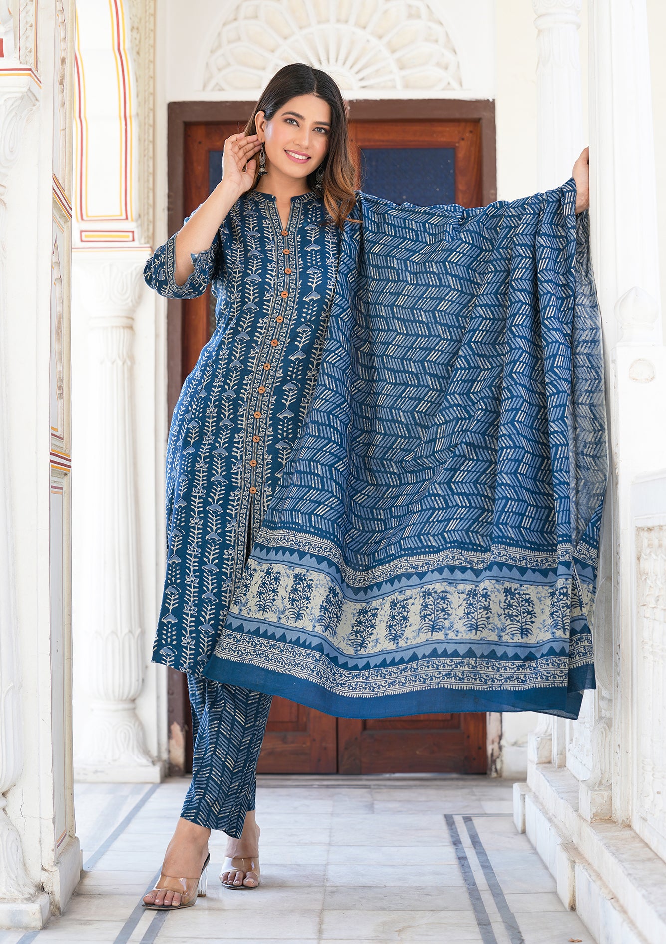 YASH GALLERY Women's Blue Floral Printed Anarkali Kurta with Pant & Dupatta Set (Blue)