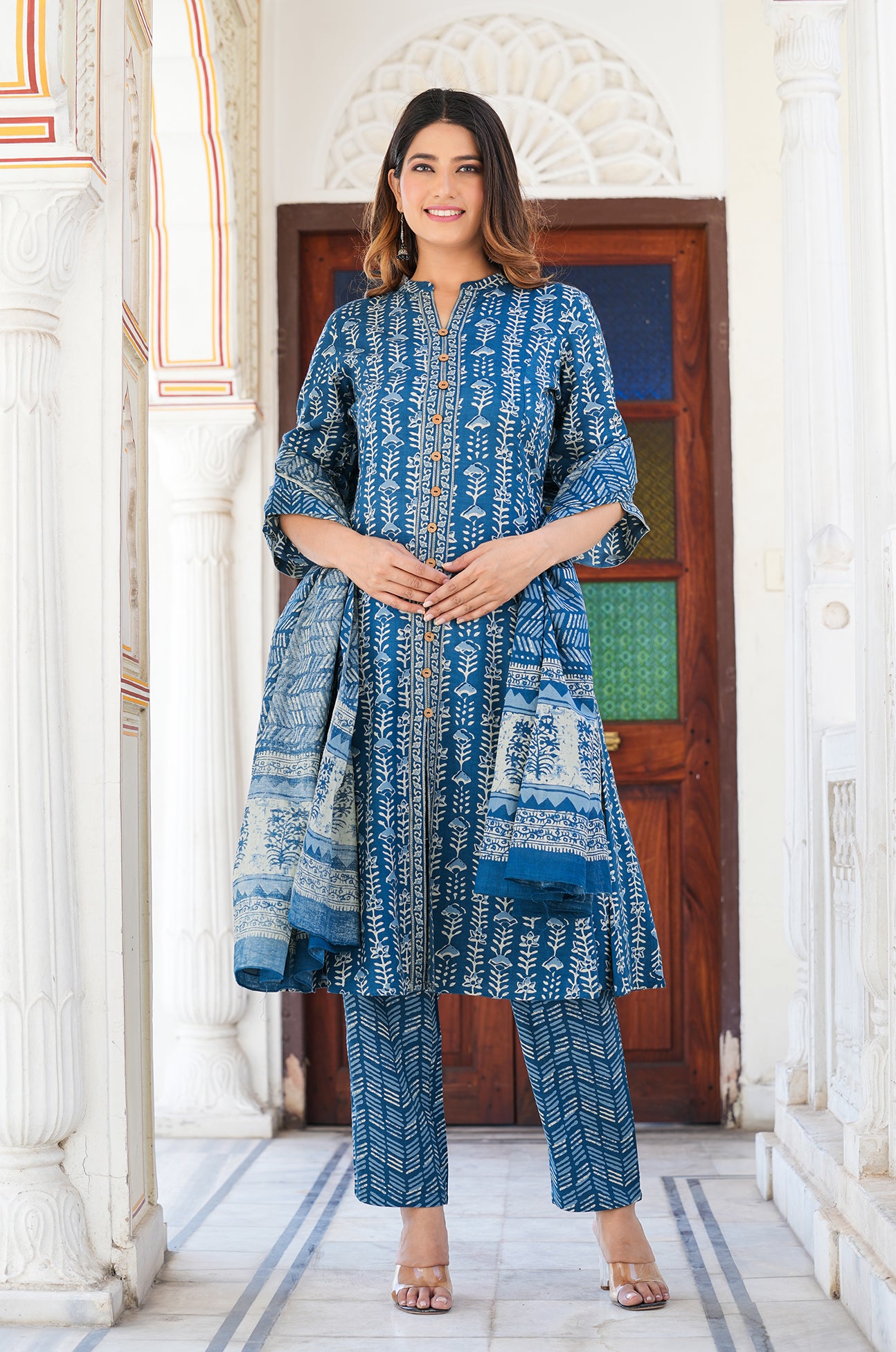 YASH GALLERY Women's Blue Floral Printed Anarkali Kurta with Pant & Dupatta Set (Blue)