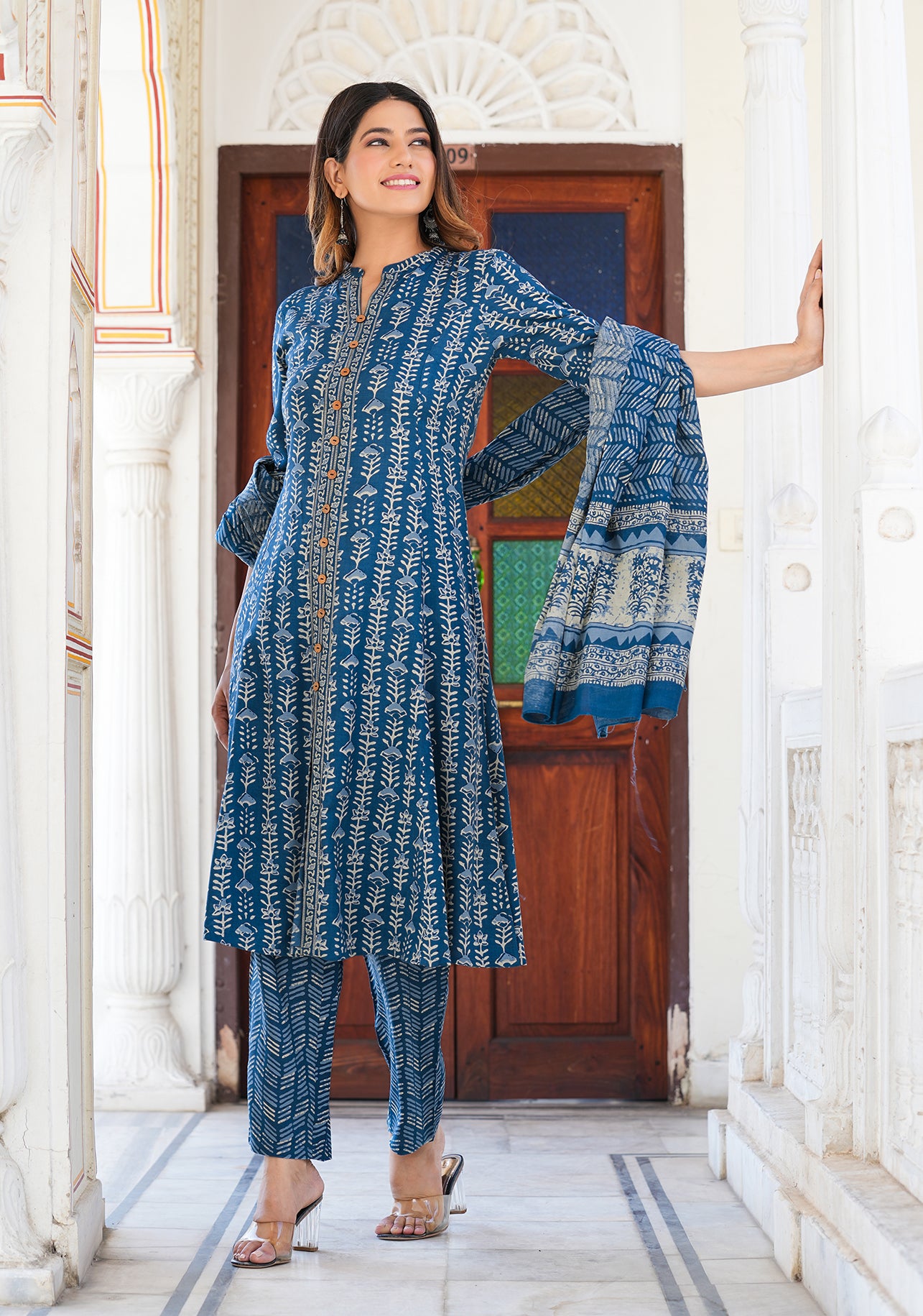 YASH GALLERY Women's Blue Floral Printed Anarkali Kurta with Pant & Dupatta Set (Blue)