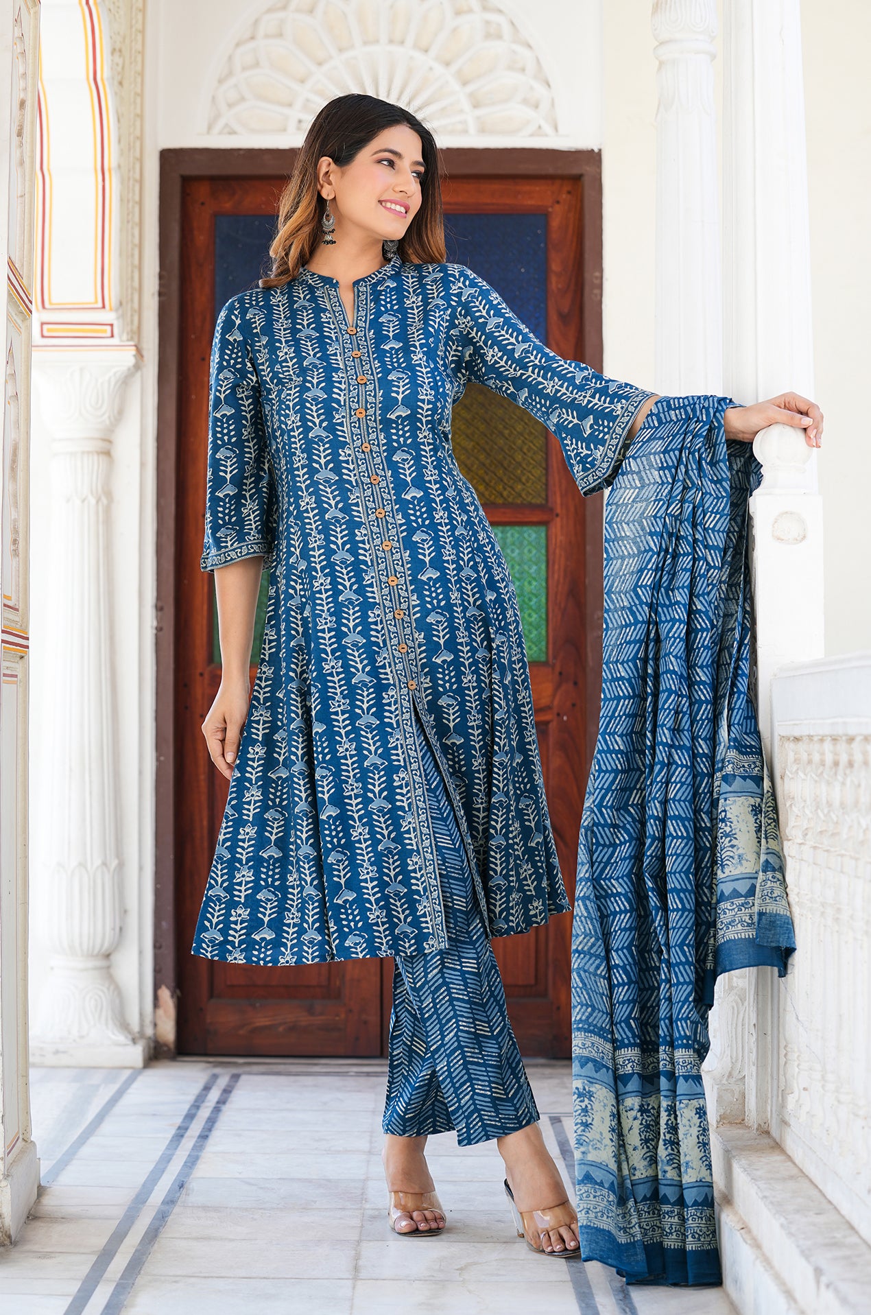 YASH GALLERY Women's Blue Floral Printed Anarkali Kurta with Pant & Dupatta Set (Blue)