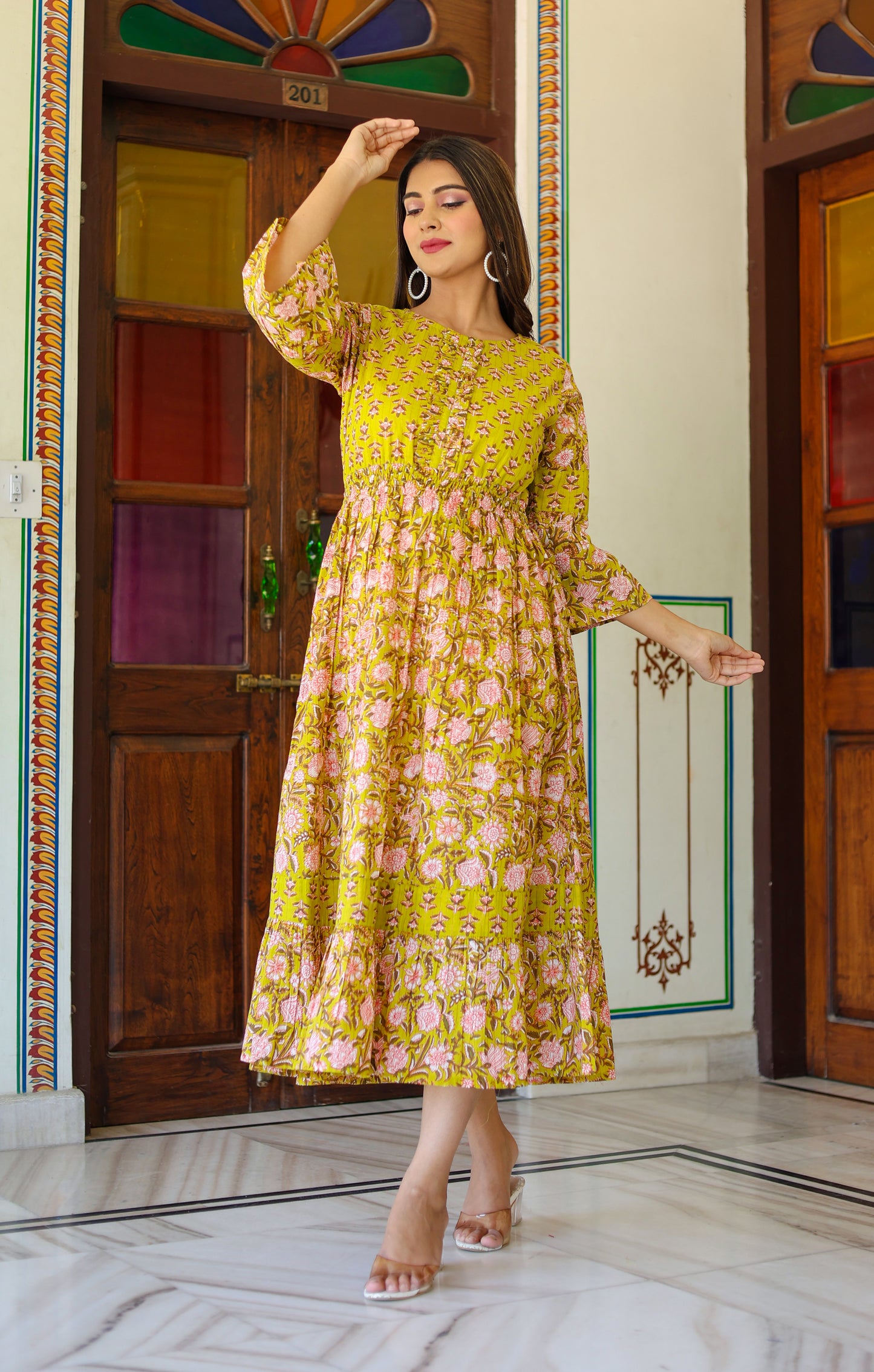 Yash Gallery Women's Floral Printed Anarkali Dress (Green)