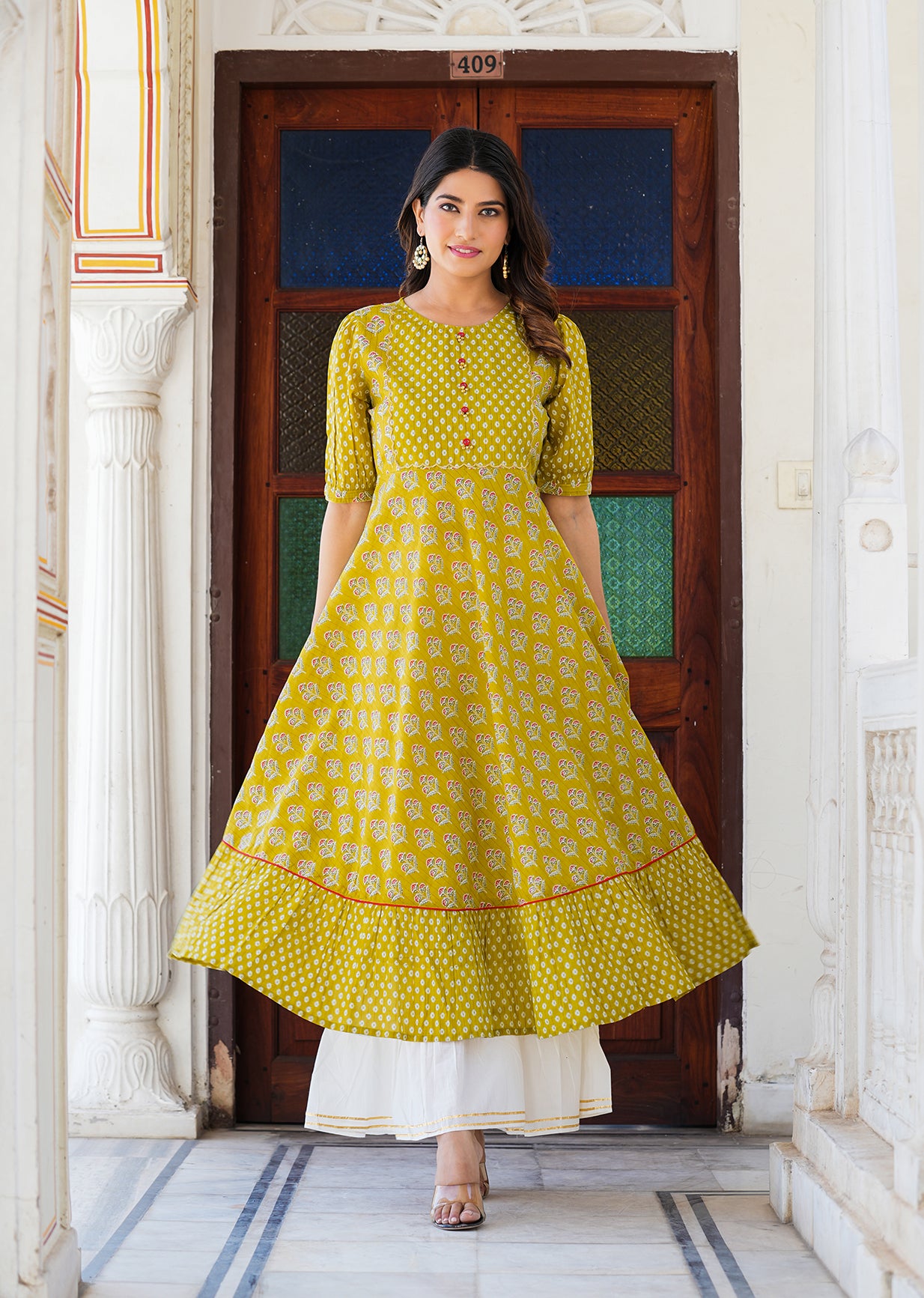 yash gallery womens mustard floral printed anarkali kurti mustard