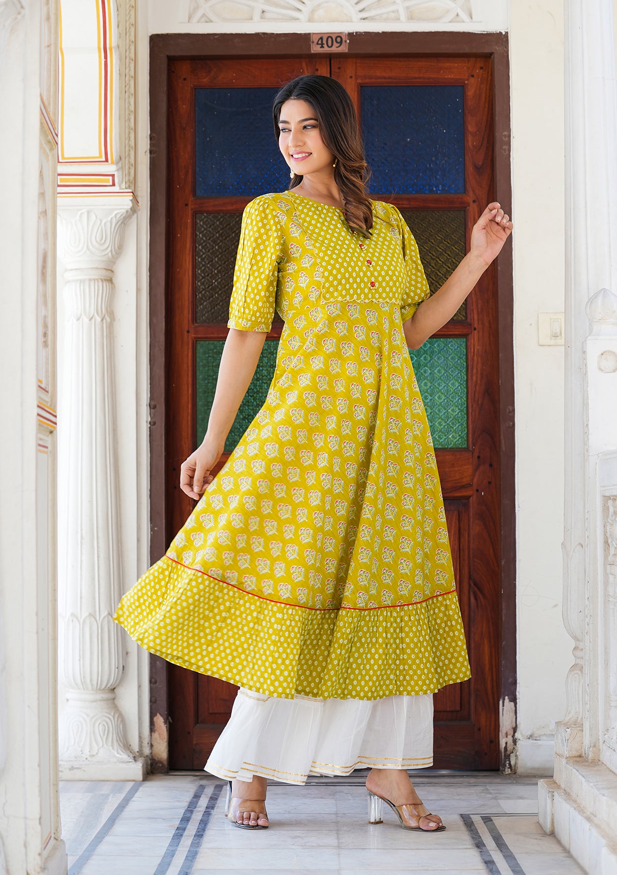 yash gallery womens mustard floral printed anarkali kurti mustard