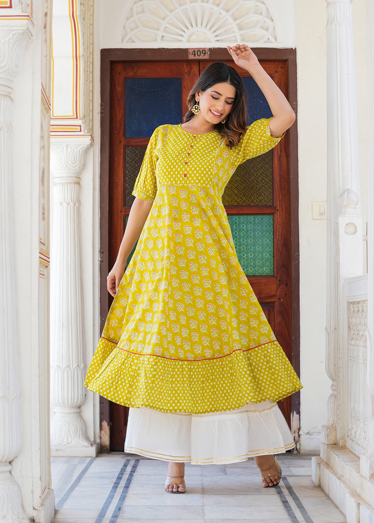 yash gallery womens mustard floral printed anarkali kurti mustard