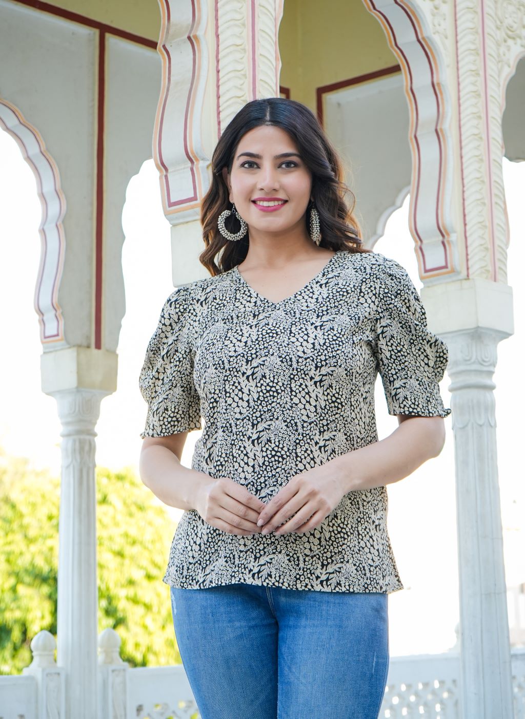 yash gallery womens rayon floral printed top black