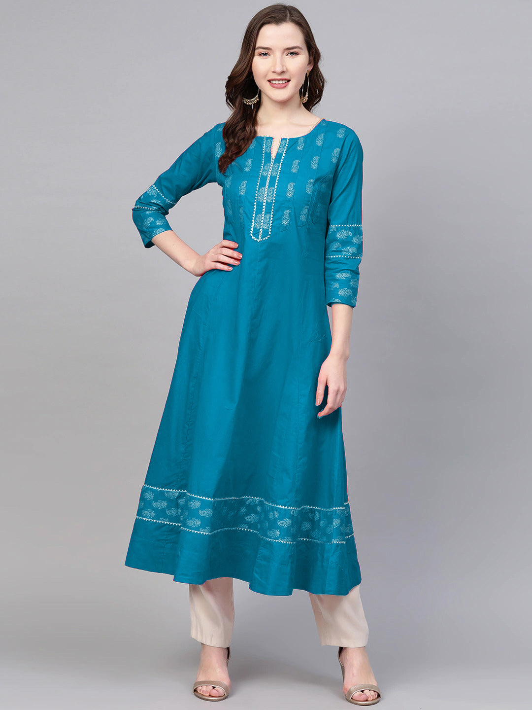 YASH GALLERY Women's Cotton Floral Printed Anarkali Kurta (Teal)