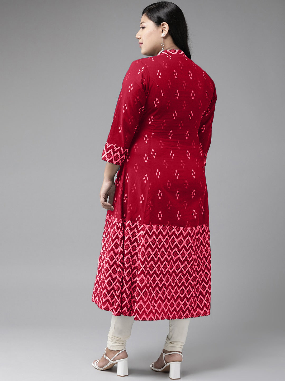 Yash Gallery Women's Cotton Ikat Print A-Line Kurta (Red)