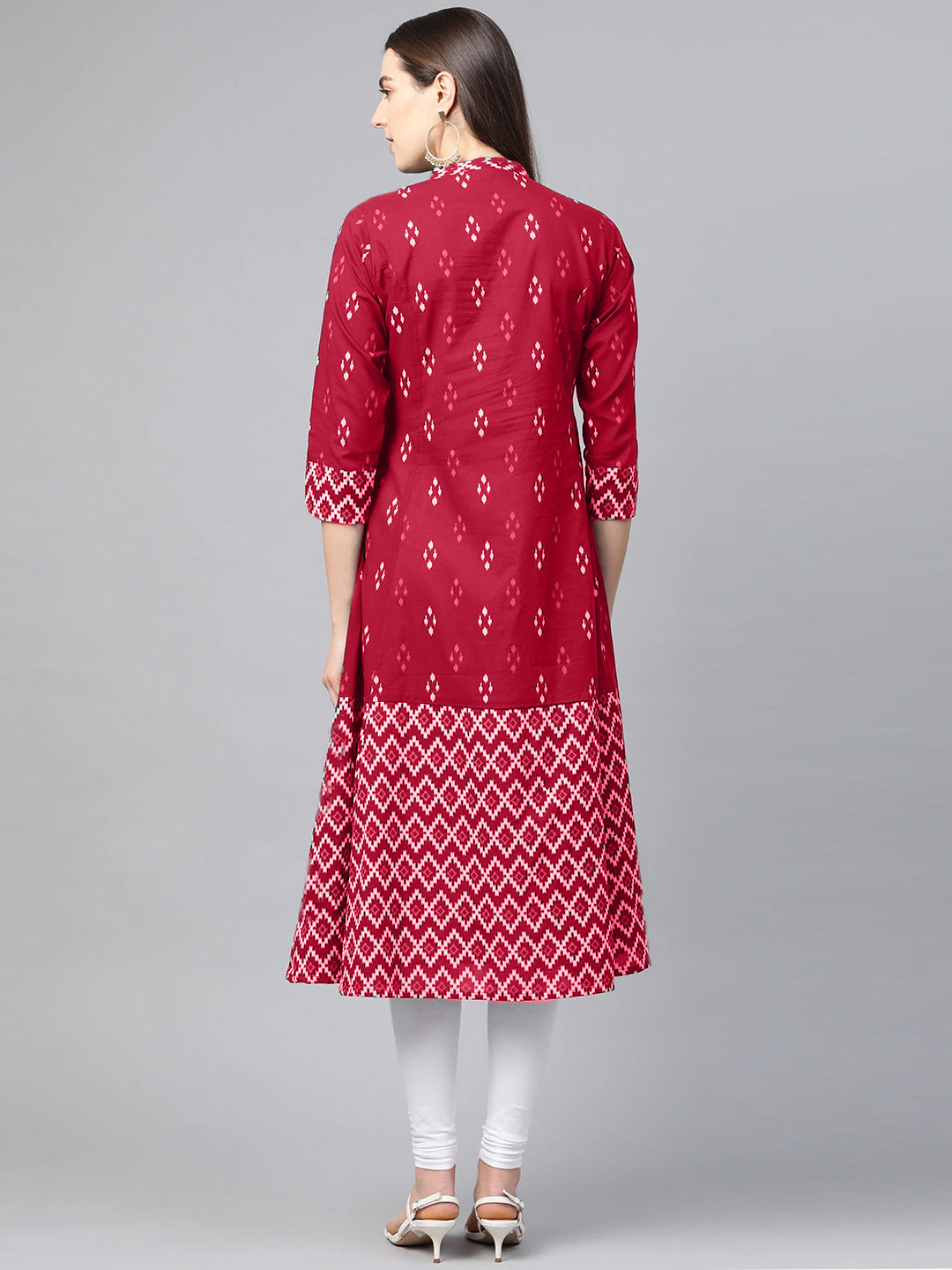 Yash Gallery Women's Cotton Ikat Print A-Line Kurta (Red)