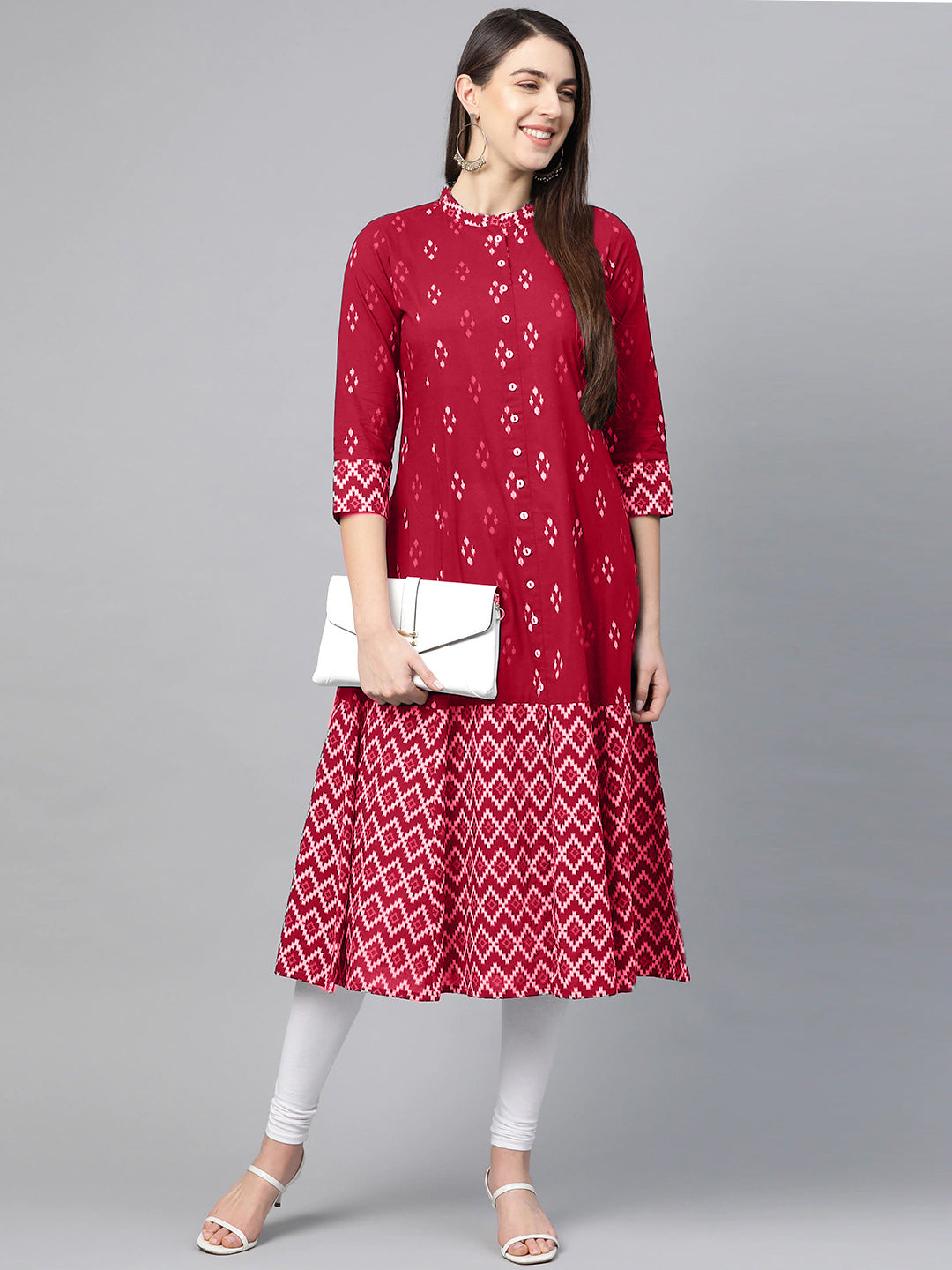 Yash Gallery Women's Cotton Ikat Print A-Line Kurta (Red)