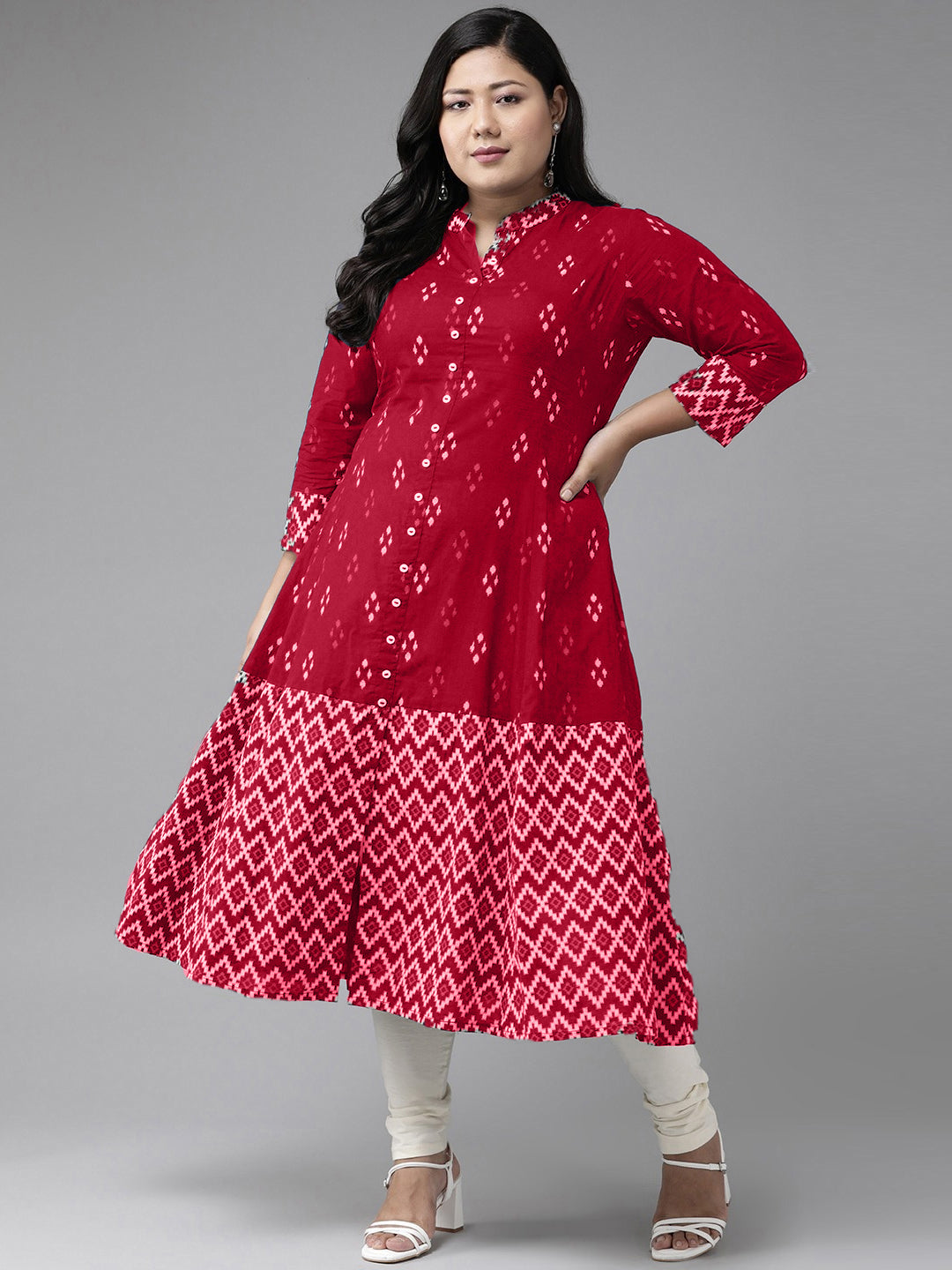 Yash Gallery Women's Cotton Ikat Print A-Line Kurta (Red)