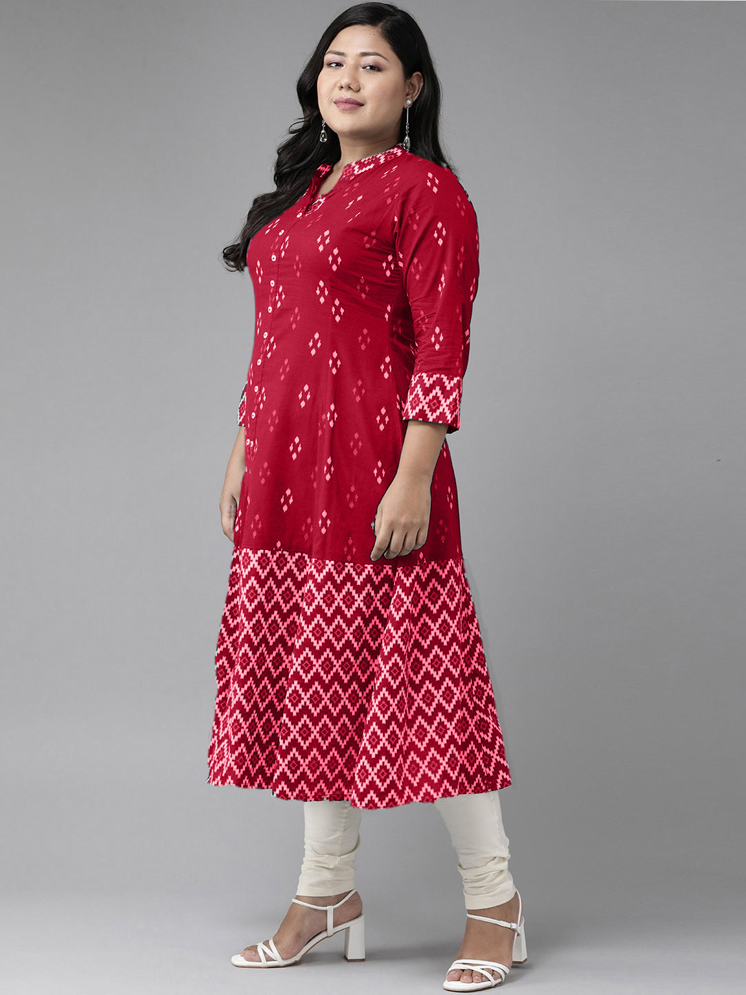 Yash Gallery Women's Cotton Ikat Print A-Line Kurta (Red)