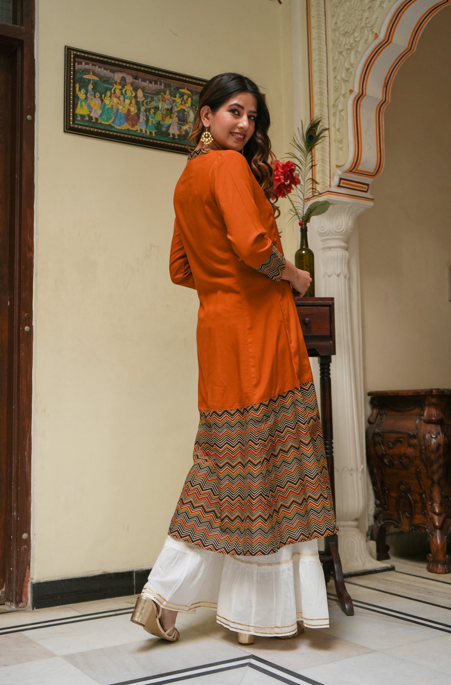 Rayon & Cotton Cambric Zig-Zag Printed A-line Kurta
