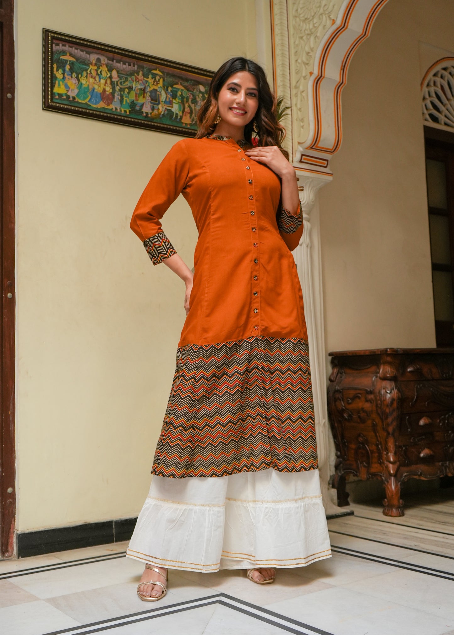 Rayon & Cotton Cambric Zig-Zag Printed A-line Kurta