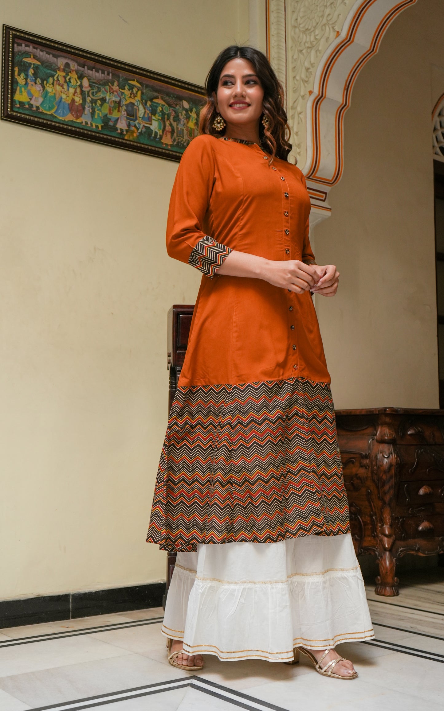 Rayon & Cotton Cambric Zig-Zag Printed A-line Kurta