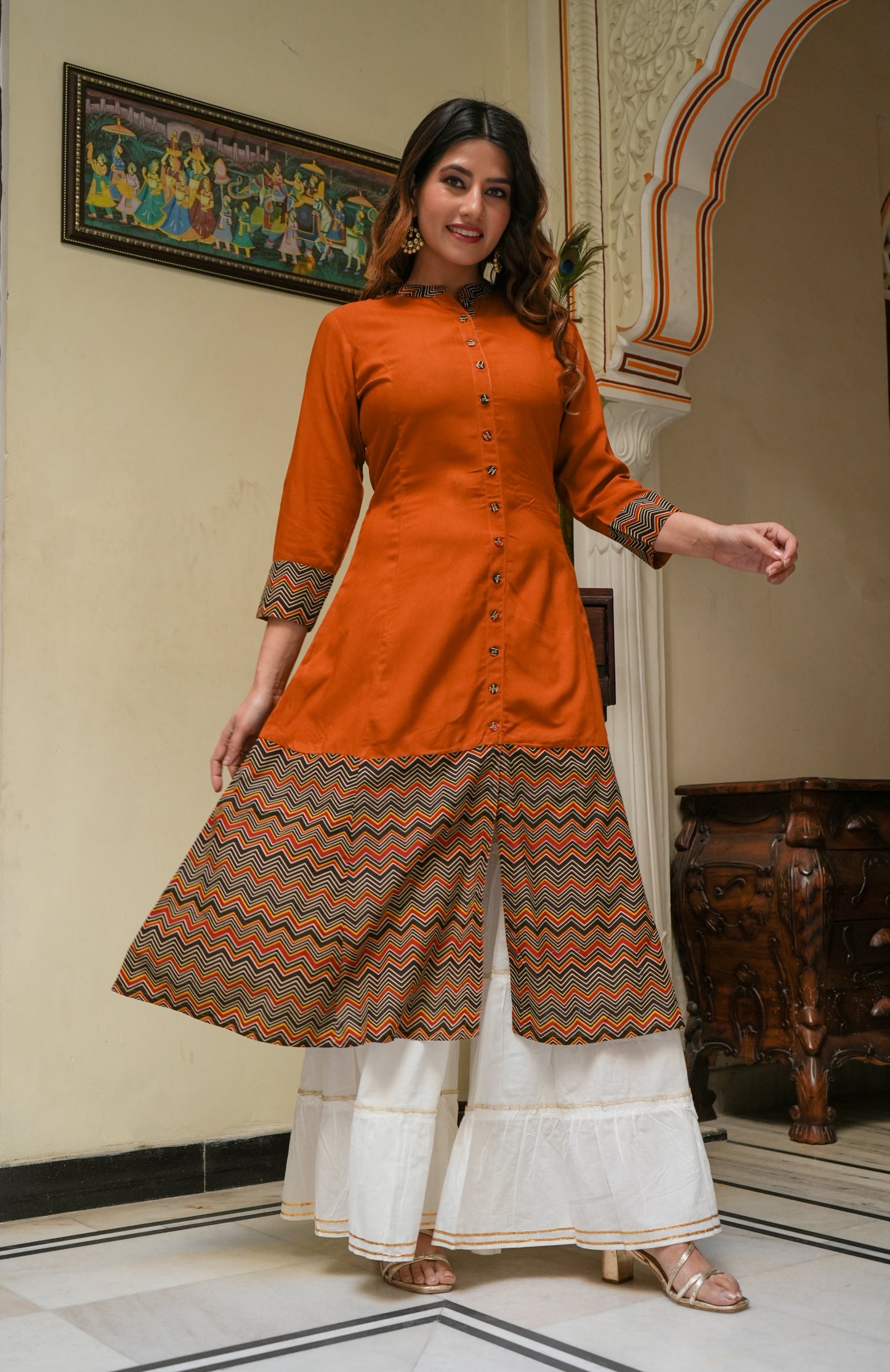 Rayon & Cotton Cambric Zig-Zag Printed A-line Kurta