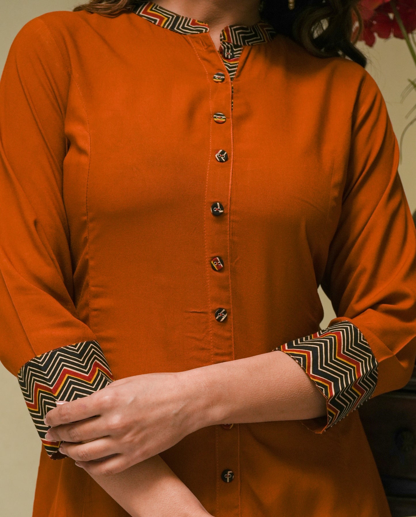 Rayon & Cotton Cambric Zig-Zag Printed A-line Kurta