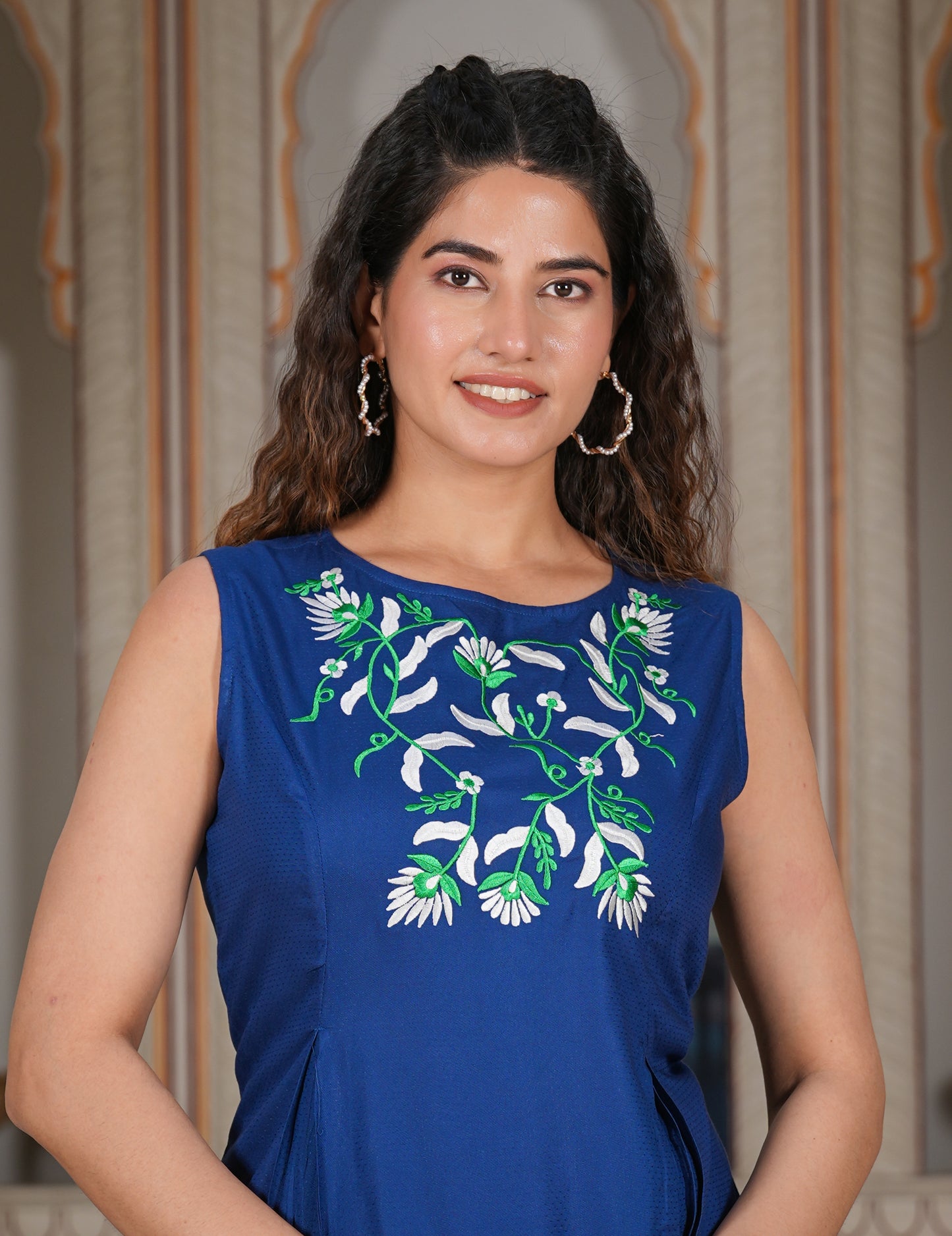 womens rayon embroidered sleeveless regular top blue