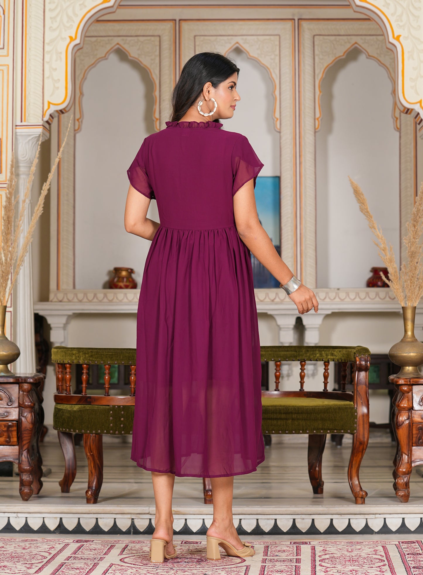 Yash Gallery Women's Wine Pleated Georgette Anarkali Dress (Wine)