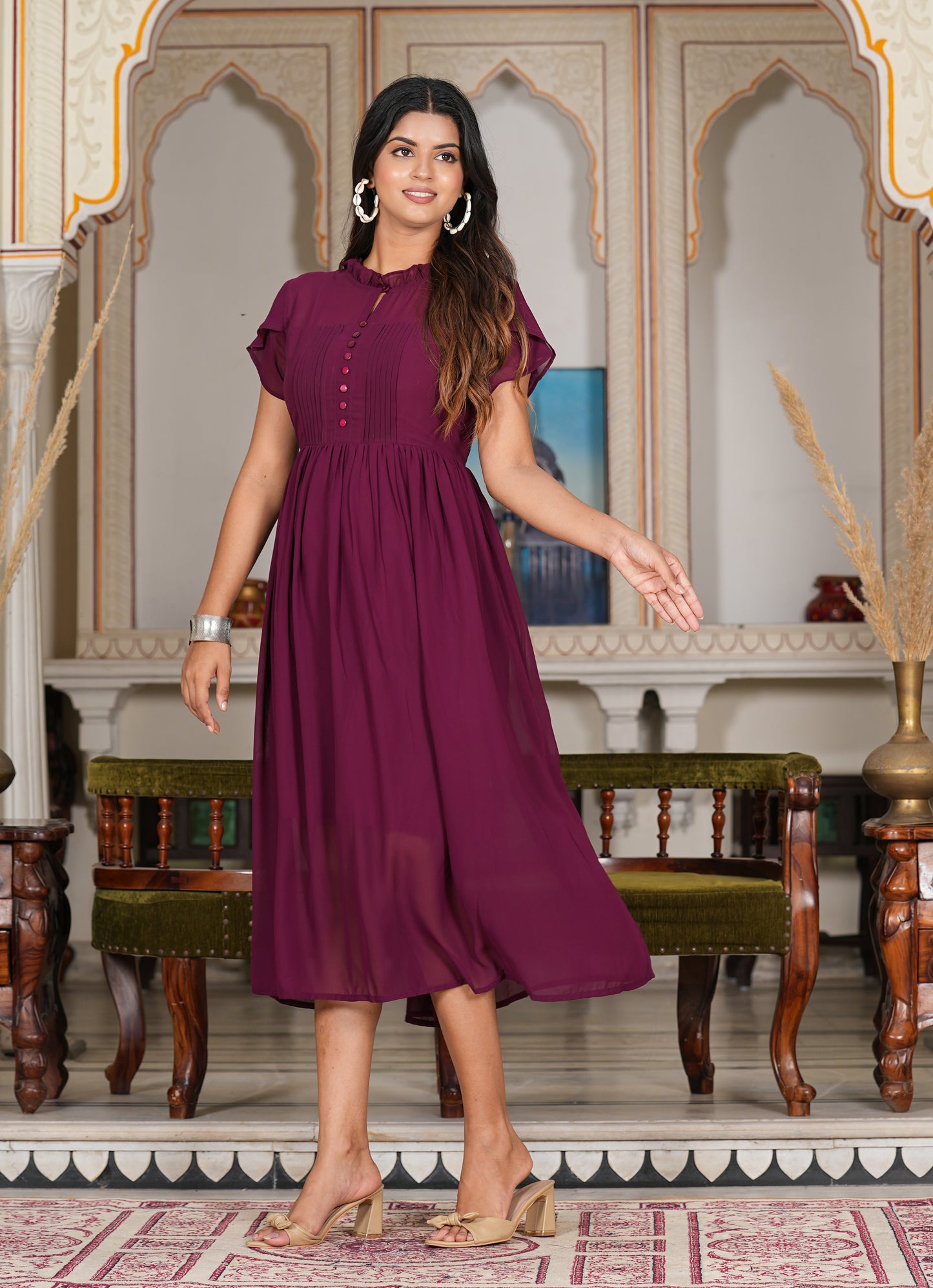 Yash Gallery Women's Wine Pleated Georgette Anarkali Dress (Wine)