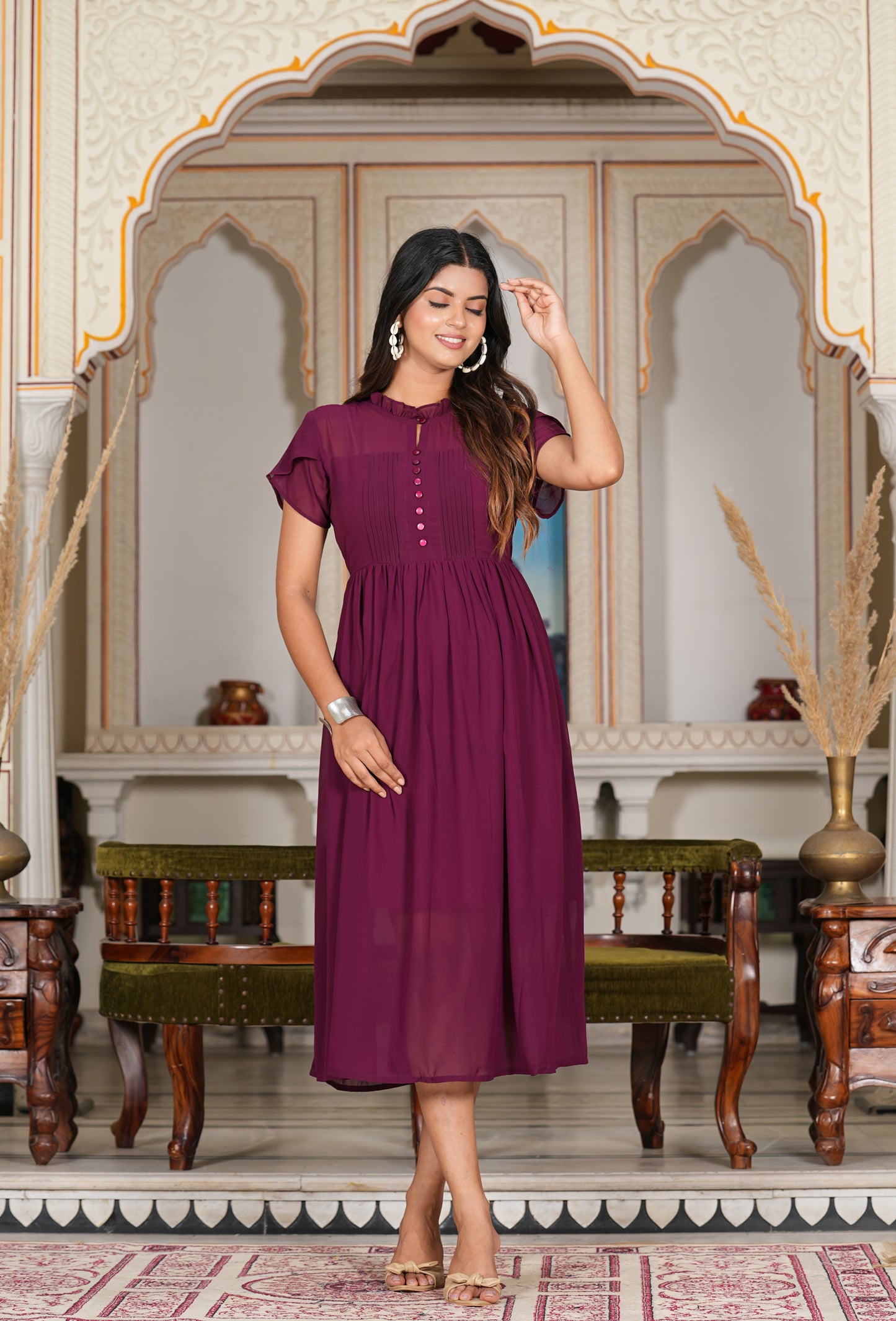 Yash Gallery Women's Wine Pleated Georgette Anarkali Dress (Wine)