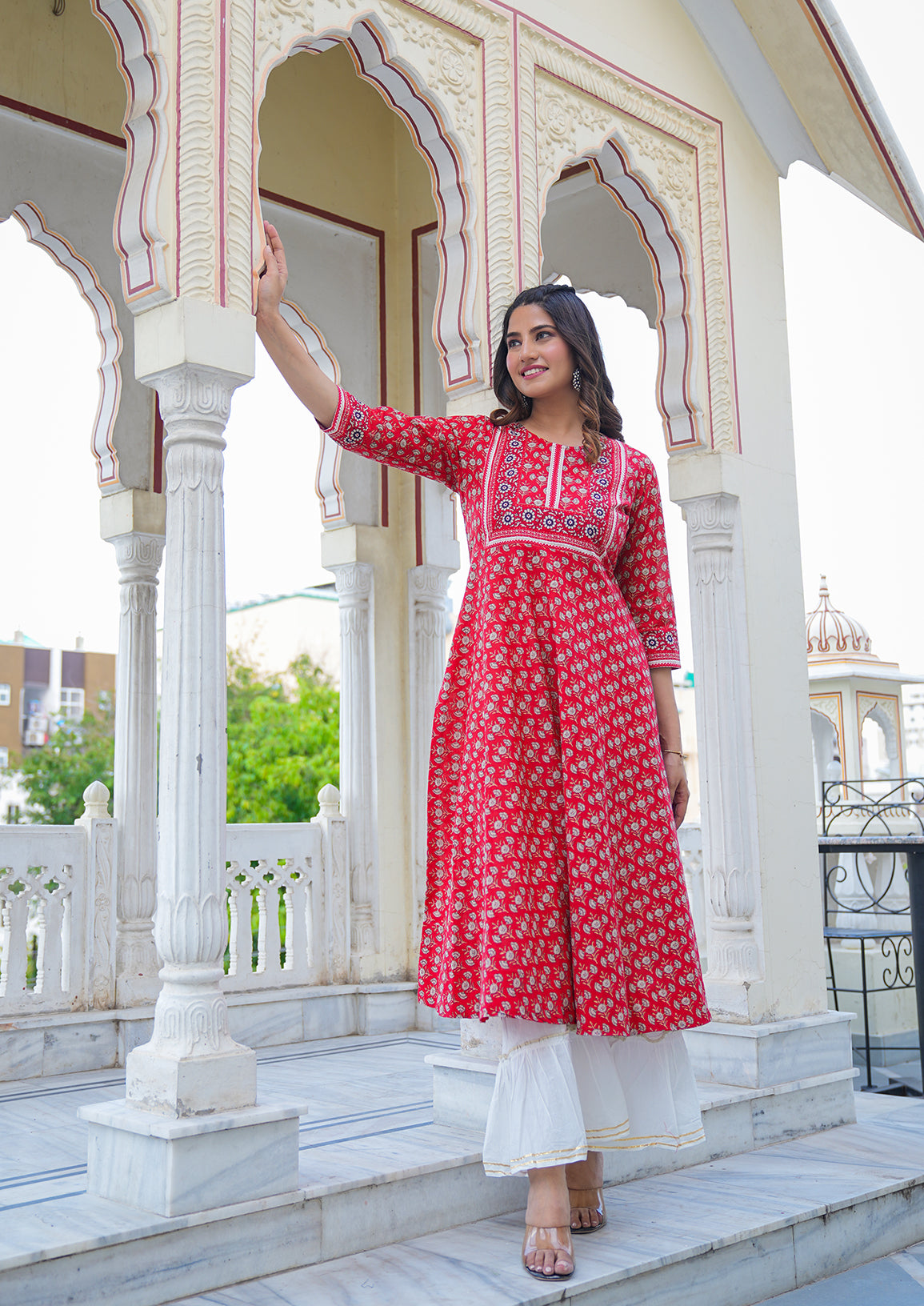 womens rayon floral printed anarkali kurti red