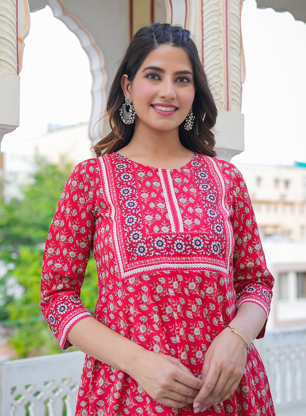 womens rayon floral printed anarkali kurti red