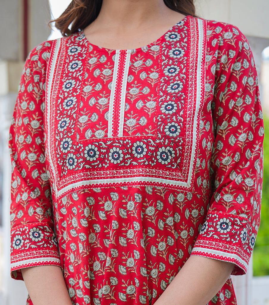 womens rayon floral printed anarkali kurti red