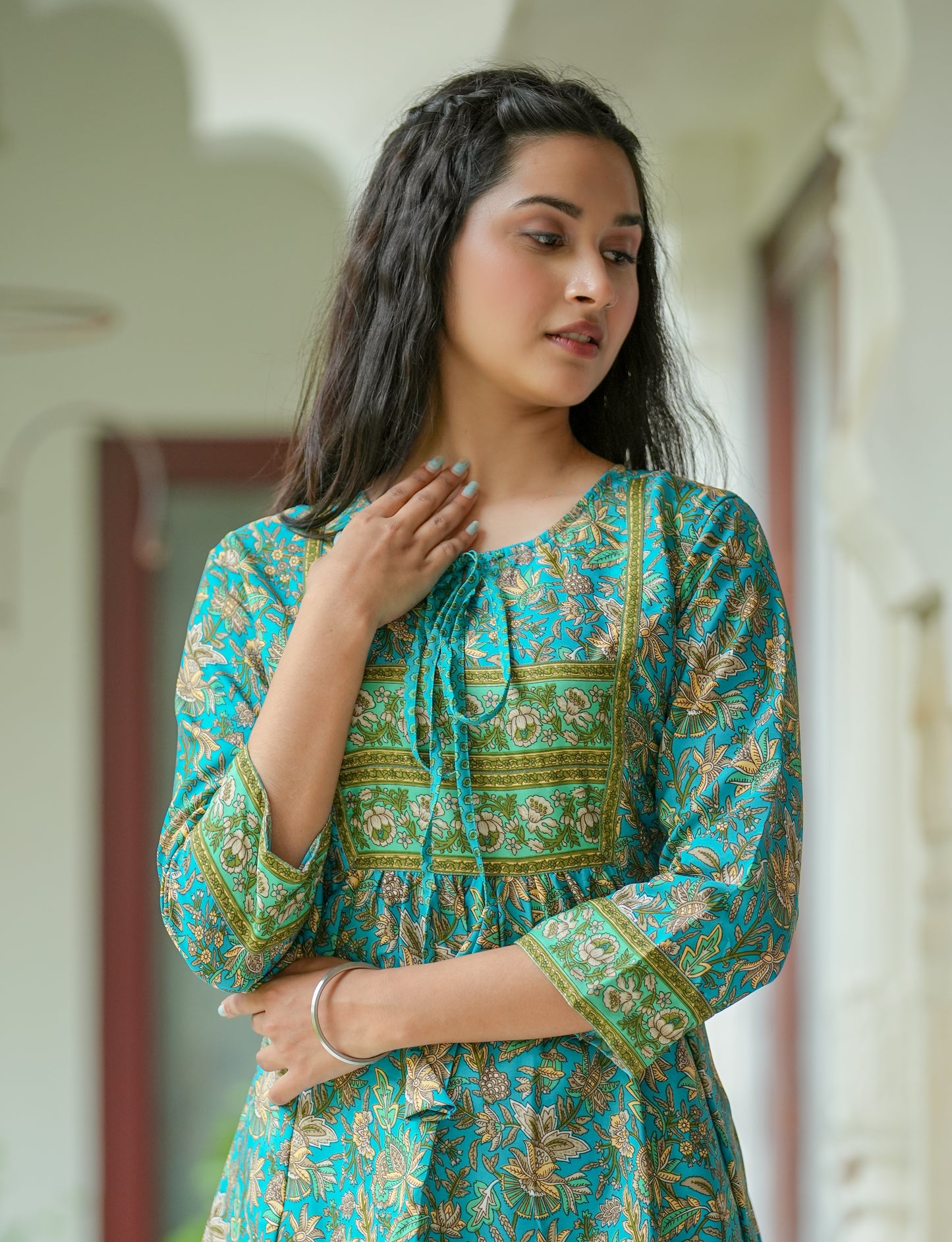 womens floral placement printed short kurti green