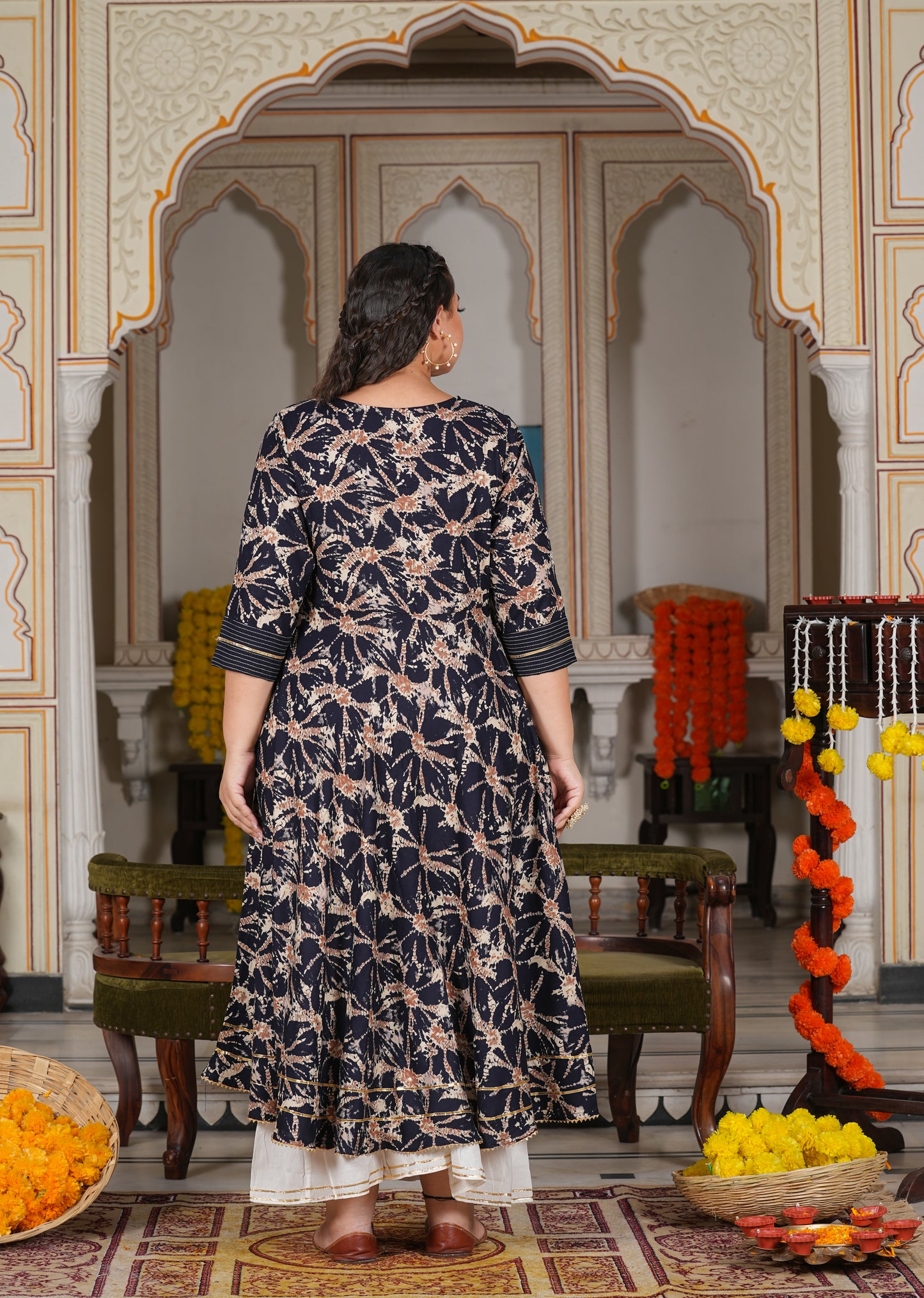 womens rayon abstract printed anarkali kurta blue
